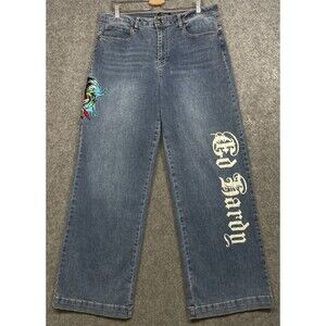 Ed Hardy Eagle Embroidered High Rise Wide Leg Jeans Womens 34 Blue Baggy Y2K